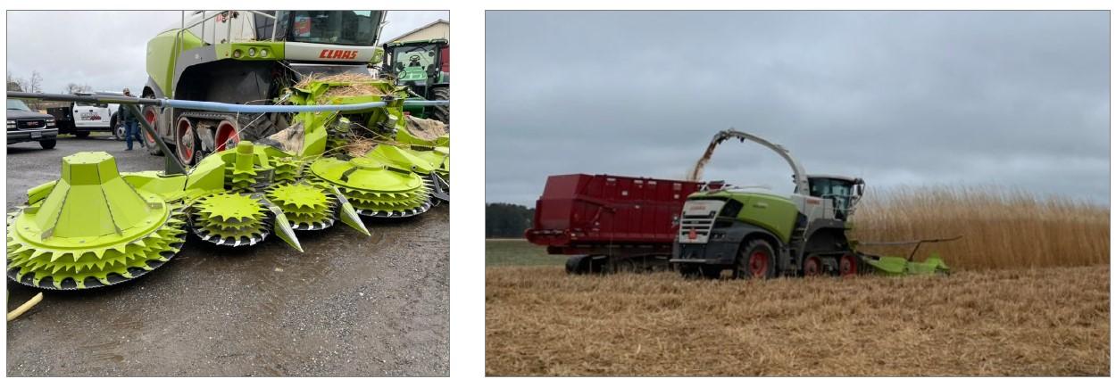 Bright fluorescent green harvesting equipment.