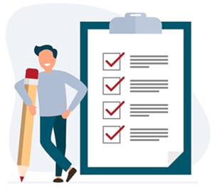 Graphic of person standing next to a survey with pencil