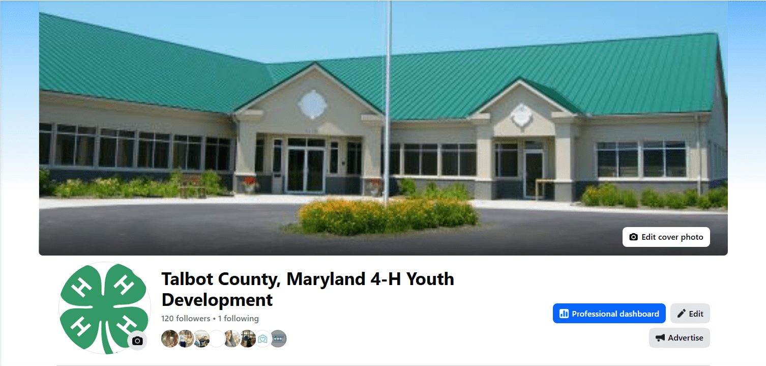 Screenshot of the Talbot County Facebook  home page with a clover and a photo of the University of Maryland Extension Office