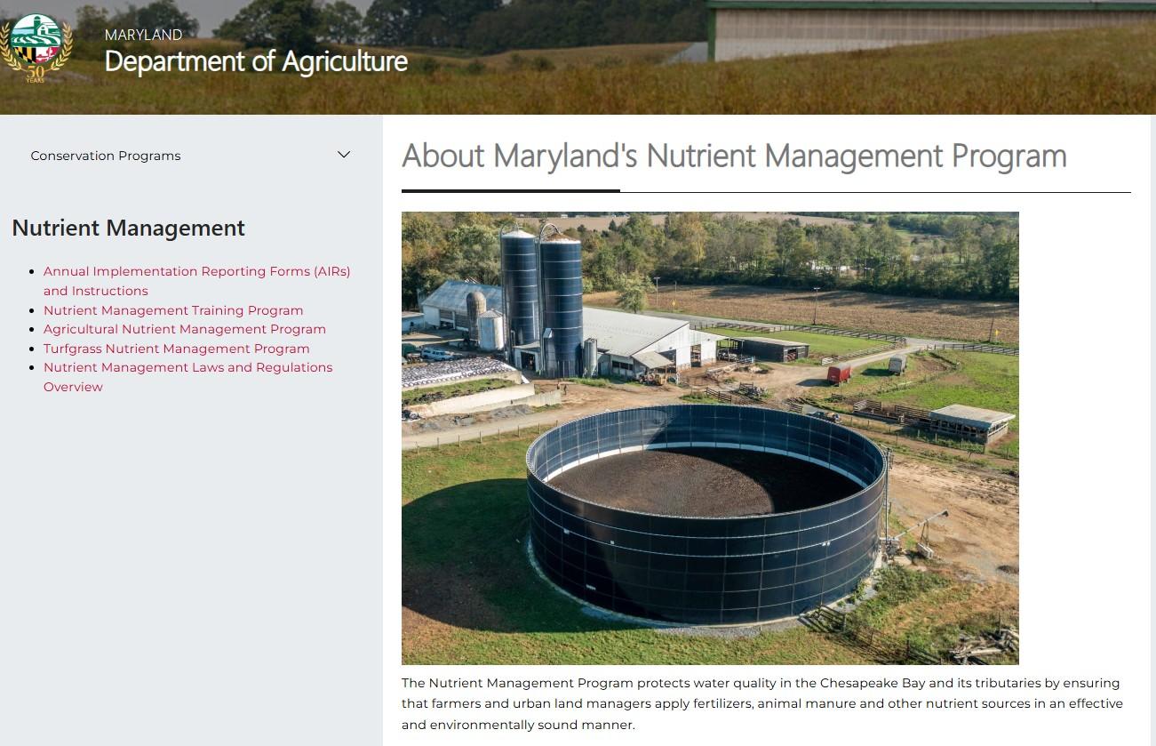 Maryland Department of Agriculture Nutrient Management Web Page Image