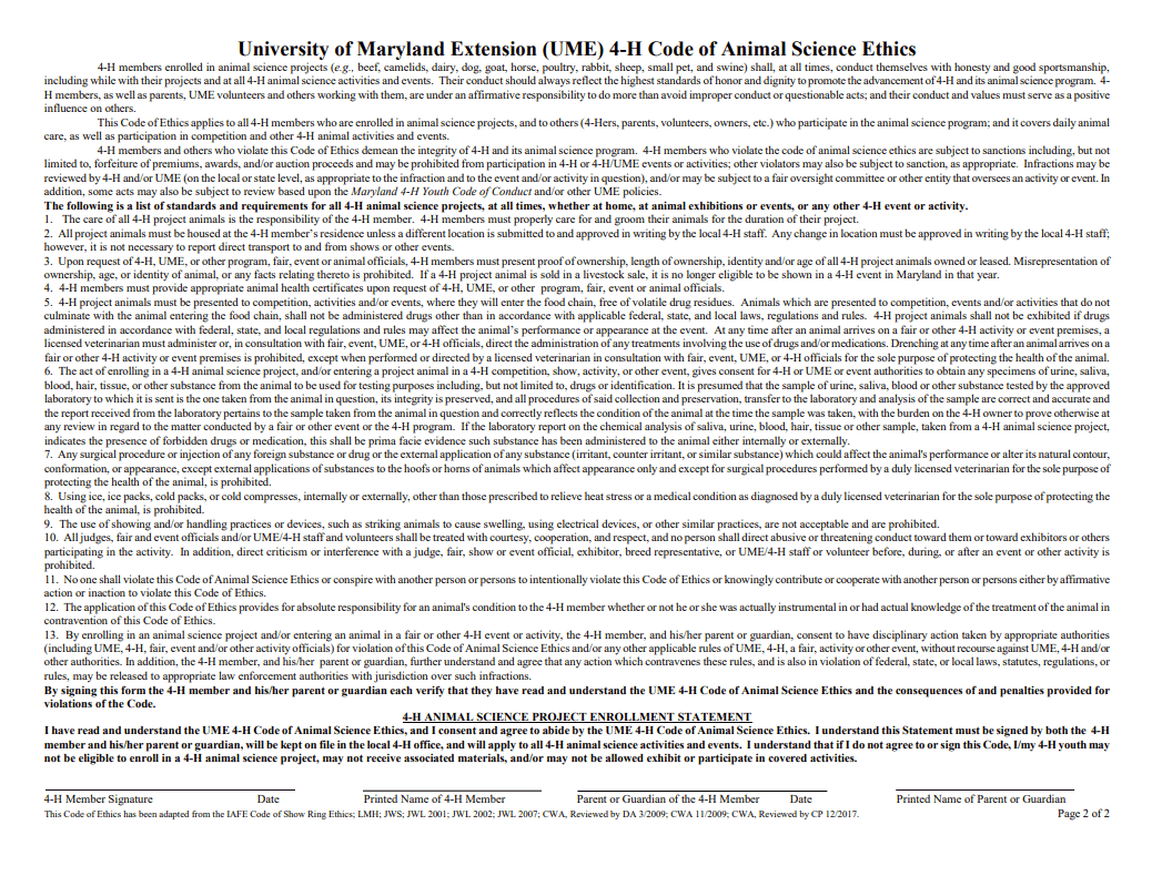 University of Maryland Extension 4-H Code of Animal Science Ethics document. Includes guidelines and standards for ethical behavior in 4-H animal projects, emphasizing honesty, good sportsmanship, and proper care. The document discusses consequences for violations and requires signatures from both 4-H members and guardians.
