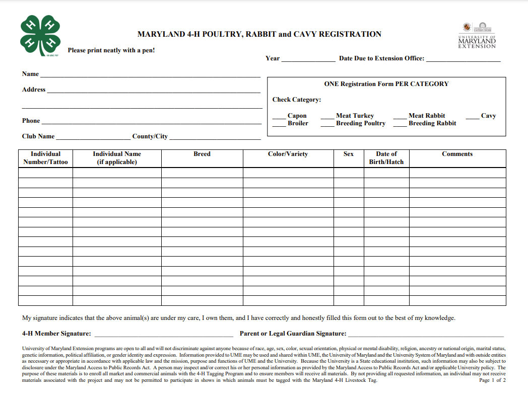 Maryland 4-H Poultry, Rabbit, and Cavy Registration form. Contains fields for name, address, phone, club name, county, and categories like Capon, Broiler, Meat Turkey, and Cavy. Includes a table for animal details such as ID number, name, breed, color/variety, sex, and birth date. Requires signatures from 4-H member and guardian.