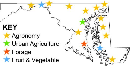  Map of Maryland with star icons indicating winter meeting locations for agricultural areas. Yellow stars for agronomy, green for urban agriculture, red for forage, blue for fruit and vegetables.