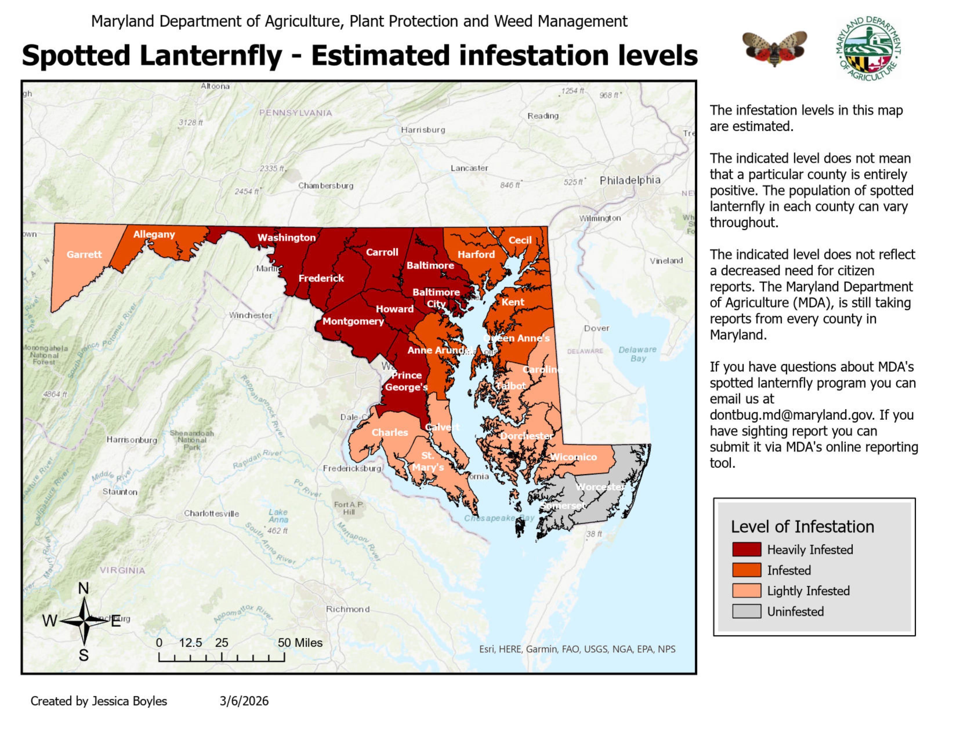 A map of Maryland labeling the 23 different counties and Baltimore City. The map is color coded to display estimated spotted lanternfly infestation levels by county. The counties labeled as heavily infested include Washington, Frederick, Carroll, Howard, Montgomery, Prince George’s, and Baltimore, and Baltimore City. The remaining counites are either labeled as lightly infested or uninfested.