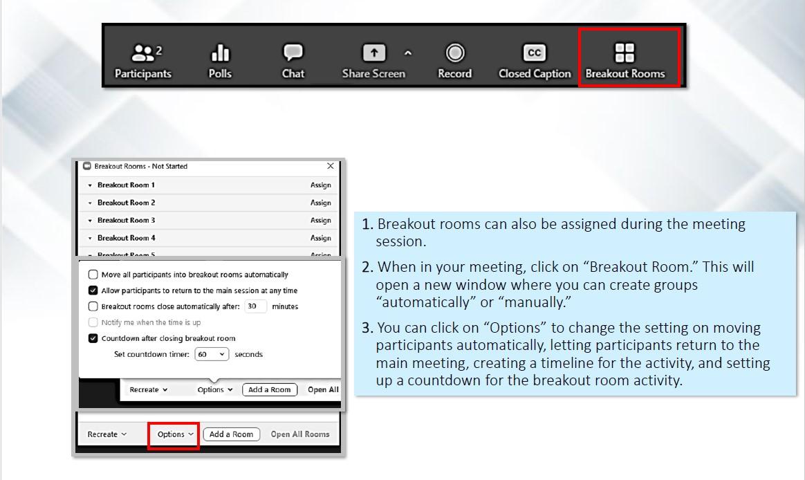  A diagram showing how to set up a breakout room during a meeting setting.