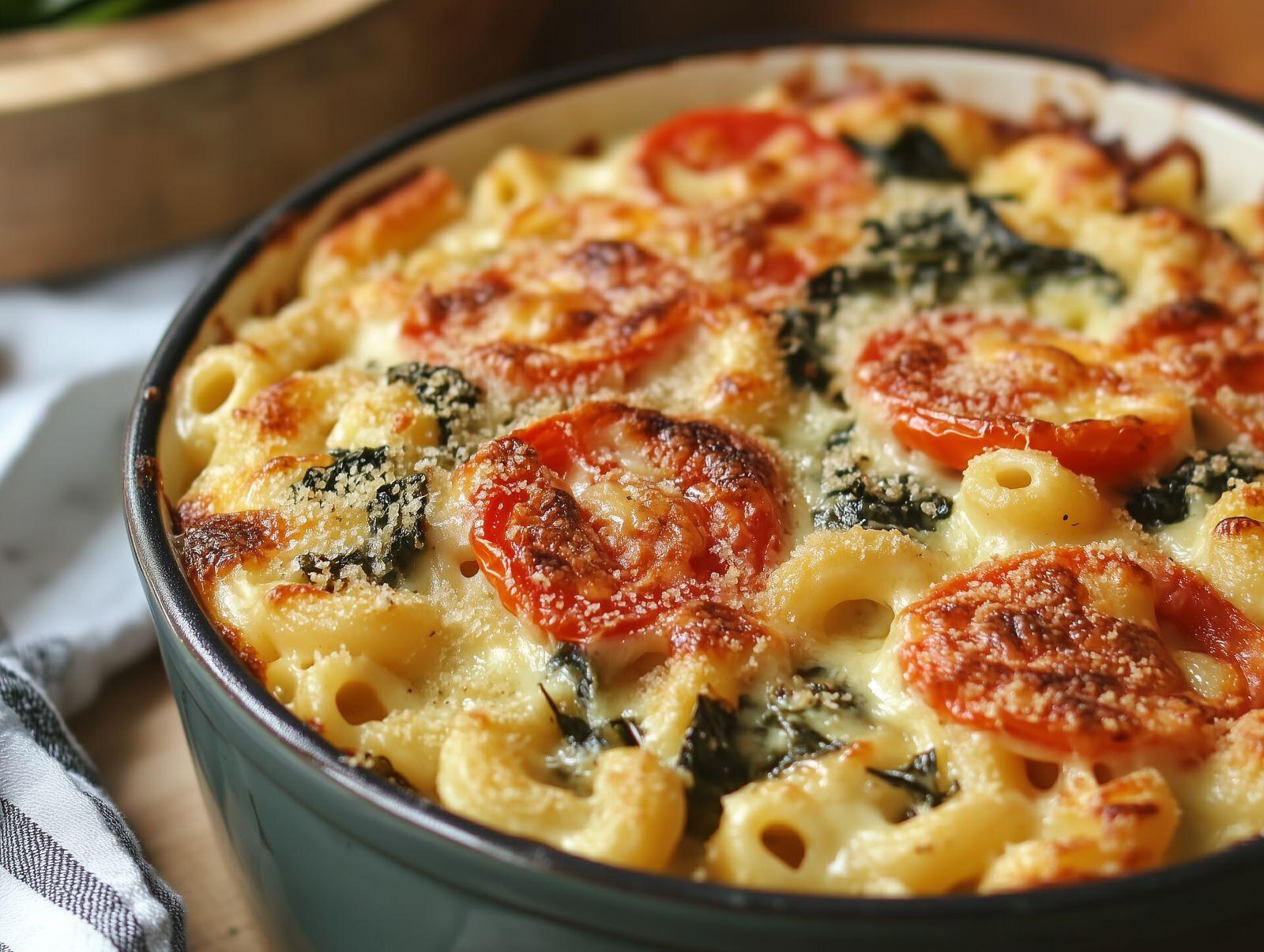 Elbow macaroni cooked with spinach and tomatoes. 