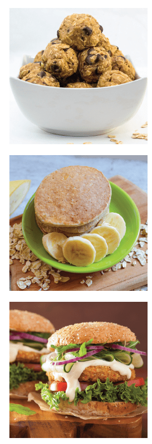 Three photos on how to use oats -- top photo is energy bites, middle photo is pancaskes with sliced bananas, and the lower photos is a veggie burger with tomato, sliced cucumber, lettuce, and onion.